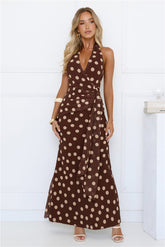 Nova Nights Halter Polka Dot Maxi Dress Brown