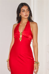 Gold Romance Halter Satin Maxi Dress Red