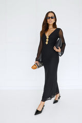 Golden Flower Mesh Long Sleeve Maxi Dress Black
