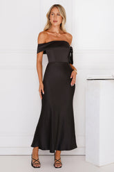 The Hype Off Shoulder Satin Midi Dress Black