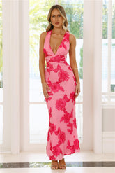 Lime Light Mesh Halter Maxi Dress Pink