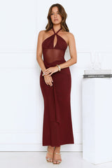 Luxe Darling Halter Mesh Maxi Dress Burgundy