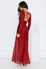Exquisite Luxury Satin Long Sleeve Maxi Dress Burgundy