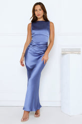 Crystal Shine Satin Maxi Dress Blue