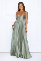 Just One More Look Satin Pleated Maxi Dress Sage