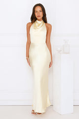 Draped In Diamonds Satin Halter Maxi Dress Yellow