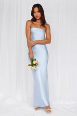The Felicity Strapless Satin Maxi Dress Blue